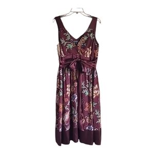 Liz Claiborne dress sleeveless burgandy floral tie waist size 14 lined party